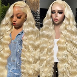 KEGOO 36 Inch Blonde Wig Human Hair 613 13x6 Lace Front Wig Human Hair Body Wave HD Blonde Lace Front Wigs Human Hair Pre Plucked 200% Density 613 Blonde Human Hair Wig