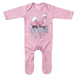 Purple Print House My 1st Easter Bunny Romper Suit First Easter Sunday Babies Girls Sleepsuit, 0-3 Months, Light Pink