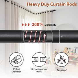 Corner Curtain Rod for Windows 1 Inch Heavy Duty Metal L Shaped Curtain Rod for Corner Window 32-134” Adjustable Long Rods with Decorative End Black