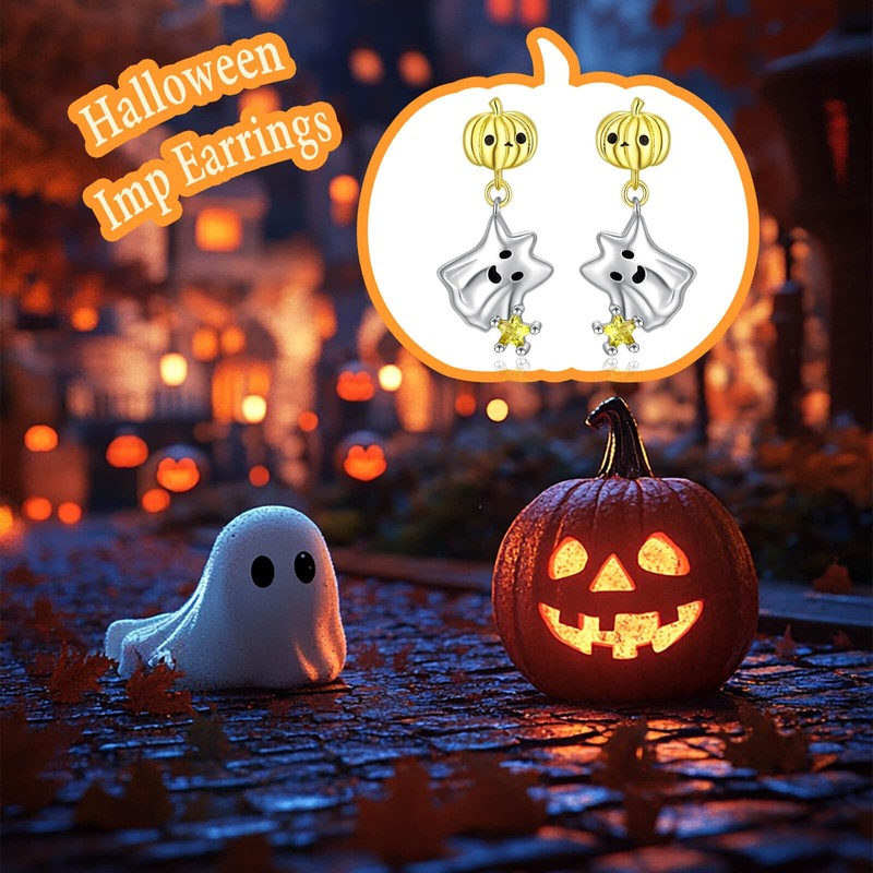 925 Sterling Silver Halloween Earrings Cute Pumpkin Ghost Stud Earrings