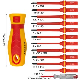 BEASAFY 13 Piece VDE Screwdriver Set, Insulated Electrician Screwdriver, Screwdriver Set with Voltage Tester for Voltages up to 1000 V, Tool Set Including Slotted & Torx & PH & PZ