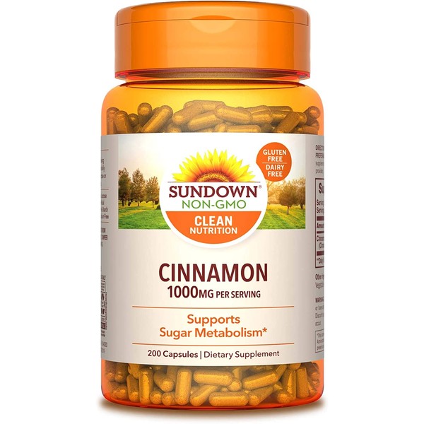 Cinnamon Capsules by Sundown, Support Sugar Metabolism, Non-GMOˆ, Free of Gluten, Dairy, Artificial Flavors, 1000 mg, 200 Capsules