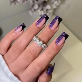 ANDGING French Tip Press on Nails Purple Black Square Short Medium Glue on Nails with Geometric Design Acrylic Fake Nails for Wedding Birthday Manicure False Nails Women Stick on Nail with Glue DK88G