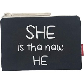 Hello-Bags. Makeup Bag / Wristlet Handbag Exterior 100% Cotton Zipper and Lining Packed in a Kraft Gift Envelope "SHEISTHE" Colour Ecru/Black 23 x 15.5 cm, black, 23 centimeters, Contemporary