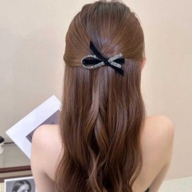 Vacaonio French Crystal Bow Hair Clip Barrette Silver Black Bow Side Hairclip Cz Bow Hair Barrette Clip Velvet Bowknot Head Clip Pin Decorative Hair Accessories for Women and Girls Headdress