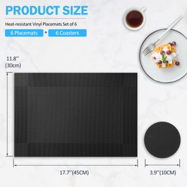 HEYOMART Placemats and Coasters Sets of 6, PVC Vinyl Table Mats Non-Slip Heat Resistant Washable Dinner Mats Place Mats for Kitchen Dining Table Home Restaurant, Black