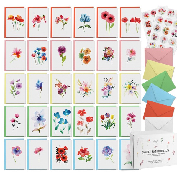 Dessie 30 Floral Watercolor Blank Cards With Envelopes - 30 Different 4x6 Inch Blank Greeting Cards w/Assorted Color Envelopes & Matching Seals. Note Cards with Envelopes Set For All Occasions