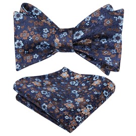 Alizeal Mens Self Tied Floral Classic Bow Tie and Pocket Square Colorful Wedding Party Bow Tie and Handkerchief Set, Navy+Brown