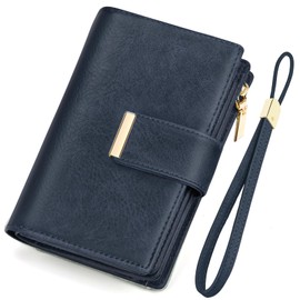 KTUEOV Women's Leather Wallet with RFID Blocking Purse Women's Large Purse Women Clutch Purse Ladies Many Card Slots, Zip Coin Compartment Removable Wrist Strap, darkblue, Classic