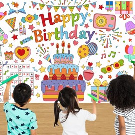 VARACL Giant Coloring Poster, Coloring Happy Birthday Tablecloth for Kids Party,DIY Birthday Activity Coloring Table Cover,Kits Crafts Large Coloring Pages For Home Classroom Party Activities Supplies