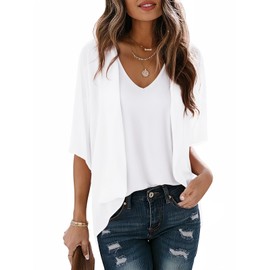 LILBETTER Women Lightweight Chiffon Cardigan Puff Sleeve Loose Beach Wear Cover Up Blouse Top, White, Large