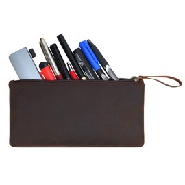 Antiq Leather Pencil Pouch, Currency Pouch, Zippered Pouch for Paper Money, Pen & Marker Case, Pencil Case for Artists & Professionals (Brown)