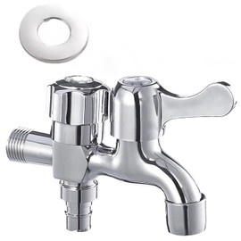 Double mouth faucet, two-way faucet, brass electric faucet, double opening, horizontal faucet, one-touch, washing machine, hose, water supply, branching, outdoor, easy installation, switching,