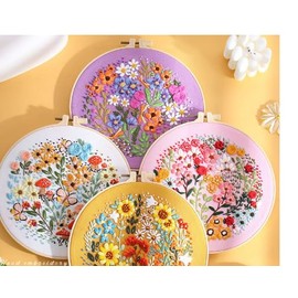 ERKOON 4 Sets Embroidery Kit for Beginners,Hummingbird and Flower Cross Stitch Set for Include Embroidery Cloth Hoops Threads for Craft Lover Hand Stitch (Flowers)