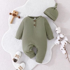 Toddler Boys Girls Romper Neutral Baby Clothes Solid Onesie Waffle Jumpsuit Newborn Coming Home Outfit (Green, 9-12 Months)