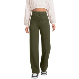 keriffe Women's Straight Leg Pants High Waisted Button Stretchy Business Work Casual Trousers Multiple Pockets Army Green