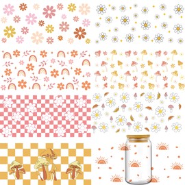 AFRITEE UV DTF Cup Wraps - 8 Sheets Floral Natural Cute Pink Yellow Daisy Mushroom Checkerboard Waterproof Rub On UV DTF Cup Wrap Transfer Stickers Decals for Water Glass Window DIY Crafts