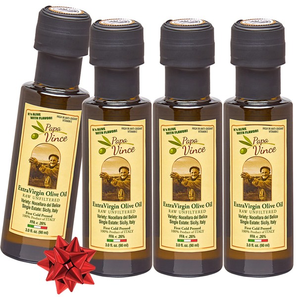 Papa Vince Olive Oil Extra Virgin, Family Made,Unblended First Cold Pressed, Single Sourced from Sicily, Italy, Unfiltered Unrefined Robust Rich in Antioxidants, 3 Fl Oz 4Pack
