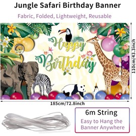 Happy Birthday Banner for Jungle Safari Theme Birthday Party Decorations Fabric Animal Zoo Theme Birthday Party Backdrop Tropical Forest Poster for Boys Girls Birthday Party Supplies