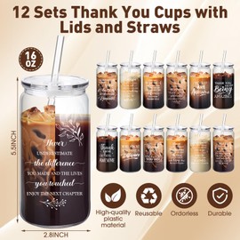 Tioncy 12 Set Employee Appreciation Gifts Bulk 16 oz Christmas Thank You Plastic Cups for Team Coworkers Reusable Drinking Cups with Lids and Straws for Staff Gifts(Clear,Appreciation)