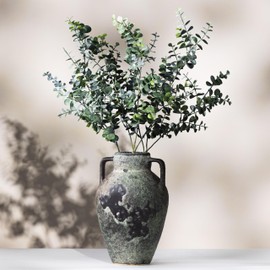 Rustic Ceramic Vase 12 Inch with 3 Artificial 22 Inch Eucalyptus Stems Antique Style Vase for Home Decor, Vintage Inspired Vase with Greenery Stems Artificial Plants Decor in Gift Box for Room Decor