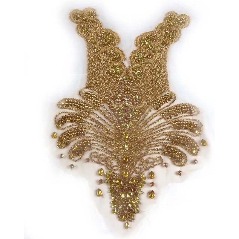 Labellezalay Gold Beaded Appliqué Patches Iron On, Rhinestones Bodice Applique