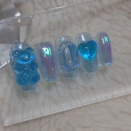 Transparent Blue Tangle Bear UruUru Handmade Nail Tip - XL / 투명 블루탱글 곰 우루우루 수제네일팁 - XL
