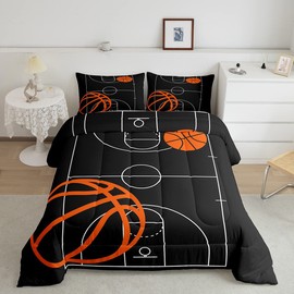 Homewish Cartoon Basketball Comforter Set Queen Size Sports Theme Bedding Set for Kids Boys Girls Bedroom Decoration Basketball Court Bed Duvet Insert Black and Orange Comforter with 2 Pillowcase