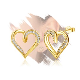 Sterling Silver Gold Heart Stud Earrings for Women - Hypoallergenic Cubic Zirconia Love Heart-Shaped Post Earrings for Lady Classic Jewelry Gifts for Her Wife Mother Sister
