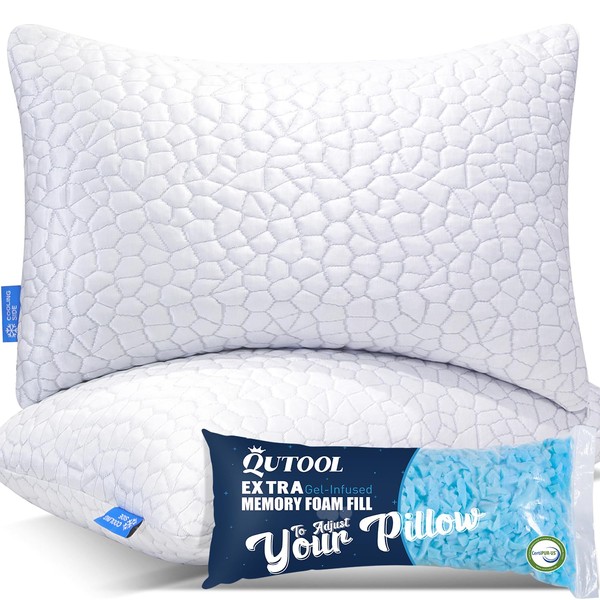 Cooling Gel Pillows for Sleeping, Shredded Memory Foam Pillows 2 Pack, Bed Pillows Queen Size Set of 2, Firm Pillow for Side and Back Sleepers Adjustable Bamboo Pillow with Cooling Removable Cover