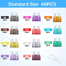 JOREST 60 PCS Car Fuses, For Car/Truck/Motorcycle (2A 3A 5A 7.5A 10A 15A 20A 25A 30A 35A 40A), Standard Flat Fuse + 1pcs Fuse Clip
