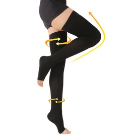 Thigh High Compression Stockings for Men & Women, Pair, Open Toe, Graduated Compression Support, Opaque, Best for Flight, Black M