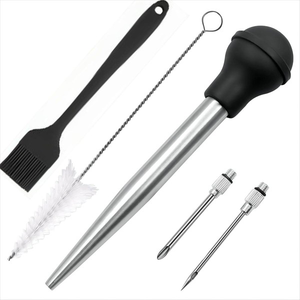 Viwehots Turkey Baster, Baster for Cooking, Stainless Steel Turkey Baster Syringe, Baster Turkey Large Silicone Bulb with 2 Marinade Injector Needles and 2 Brush for Cooking Easy Clean Color Black