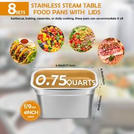 8 Pcs Stainless Steel Food Containers with Lids 1/9 Size Steam Hotel Pans 1 mm Thick Restaurant Table Pans Food Prep Pan Metal Meal Steamer for Freezer Buffet Kitchen