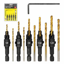 Sneulletoys Countersink Drill Bit Set,5 Pcs Counter Sink Drill Bits for Wood,1/4 Hex Shank Adjustable Drill Bit Set for #5 6 8 10 12 Screws,5 Pcs Free Replaceable Drill Bits with One Allen Wrench