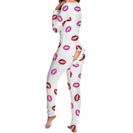 CocMouse Women's Valentine Sexy Butt Button Back Flap Jumpsuit One Piece V Neck Long Sleeve Romper Bodycon Pajamas (White Lip, L)
