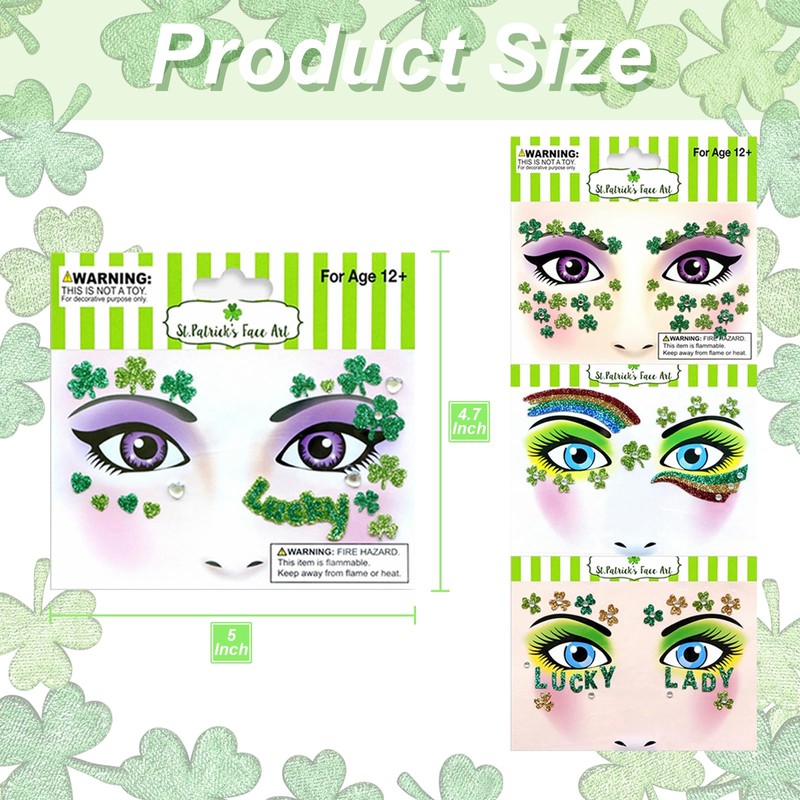 4 Pcs St. Patrick's Day Face Tattoos Stickers Green Shamrock