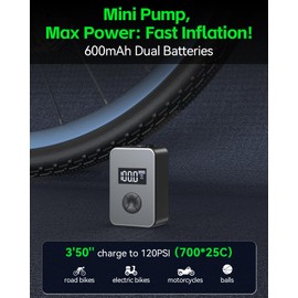 Yearntour Bike Pump TurboCore Motor Tech - Metal-Cylinder Electric Bicycle Pump Portable with Pressure Gauge, Rechargeable Mini Bike Tire Pump for Adult Bikes/Moto, Small LED Light Air Pump