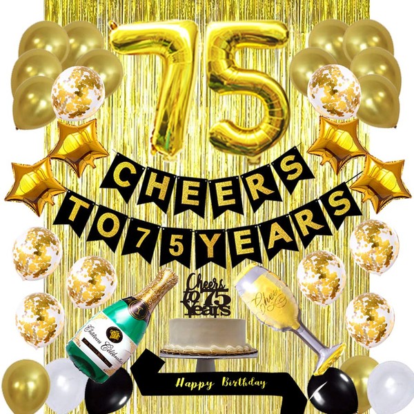 Gold 75th Birthday Decorations kit, Cheers To 75 Years Banner Balloons,75th Cake Topper Birthday Sash, Gold Tinsel Foil Fringe Curtains, for 75 Birthday&Anniversary Decorations