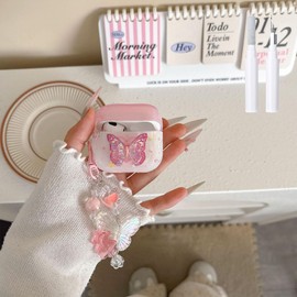 COTYPOFLIYTT Compatible with AirPods Pro Case Shockproof Cute Crystal Butterfly Cover with Cleaner Kit Heart Keychain for Girls Women for Airpods Pro 2nd/1st Generation-Pink