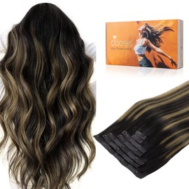 DOORES Real Hair Extensions Clip, Natural Black to Chestnut Brown, 9 Pieces 14inch 130 g, Clip-In Real Hair Extensions