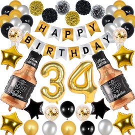 NANINUNENO 34th Gold Birthday Decorations, Gold Black Silver Happy Birthday Balloons Supplies for Boy Men Girl Women, 34 Birthday Party Set with 34 Gold Number Balloons Happy Birthday Banner