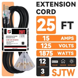 EP 25 Ft Lighted Outdoor Extension Cord with 3 Electrical Power Outlets - 12/3 SJTW Heavy Duty Black Extension Cable with 3 Prong Grounded Plug for Safety, UL Listed