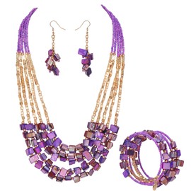 Firstmeet Bohemian Layered Shell Beaded Necklace With Earrings Bracelet Seed Bead Irregular Costume Jewelry for Women(XL-1201-Purple SetA)