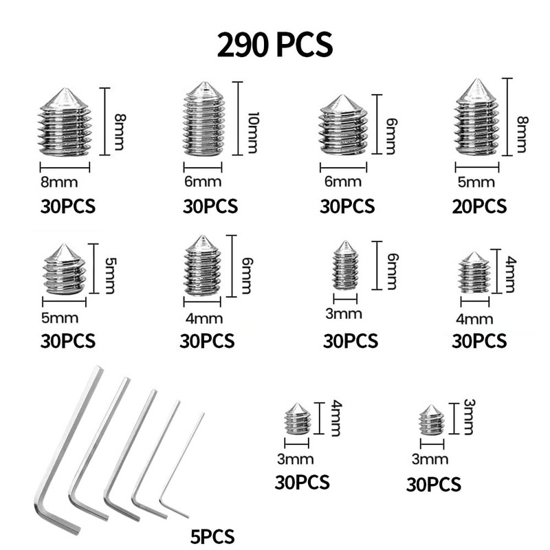 Set of 290 Grub Screws Stainless Steel Cone Tip Hex