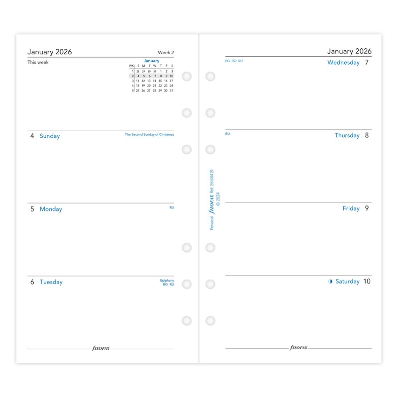 Filofax Personal week on two pages English Sunday start 2026