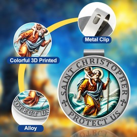 Saint Christopher Medal for Car, St Christopher Visor Clip, 3D UV Printed Colorful Bless Driving Safety Gift for Families, Friends, New Drivers (Ancient Tin)