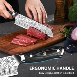 Meleho 7" Santoku Knife,High Carbon Stainless Steel Chef Knives,Meat Cleaver and Vegetable Kitchen Knifes with Finger Guard and Knife Sharpener,Chef Knife Gift Box for Family and Friends