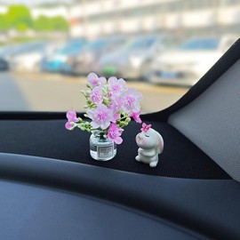 Generic Set of 2 Cute Mini Bunny and Peach Blossom in Flower Vase Car Rearview Mirror Ornaments Funny Dashboard Decorations Kawaii Car Interior Accessories for Women Gifts