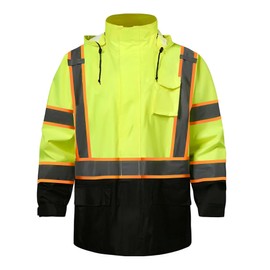 SKSAFETY Hi Vis Reflective Work Rain Jacket for Men - High Vis Class 3 Safety Rain Coat Mens, High Visibility Rain Gear for Men Waterproof with Black Bottom
